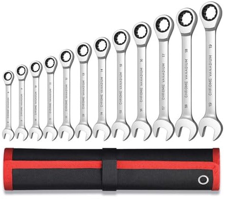 DUOCAI Cliquet combiné à tête Flexible Jeu de clés à cliquet métriques et Standard, clé Mixte à extrémité de boîte à 12 Points, clé à engrenage, Ensemble d'outils de Garage(12pcs(8-19))