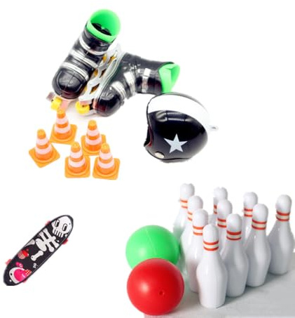 Super Idee Miniatur Wichtel Zubehör Weihnachten Wichtel Schlittschuhe Schlittschuhhelm Bowling Bowlingflasche und Quad-Skateboard Miniatur Puppenhaus Wichtel Zubehör