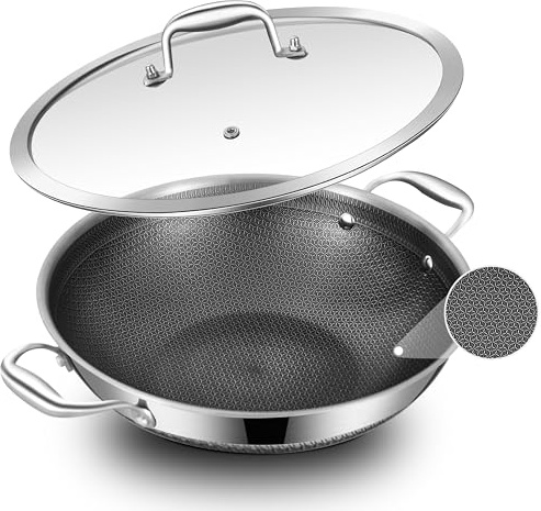 LOLYKITCH 30CM Tri-Ply Stainless Steel Wok Non Stick Pan with Lid | Hybrid Ceramic Coated Stir Fry Wok, Induction Compatible Cooking Pot, Oven Safe