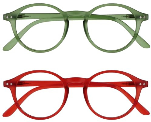 OPULIZE REY Lesebrille - 2er-Pack - Runder Retro-Rahmen - Mattgrün, Rot - Herren Damen - Federscharniere - RR56-6Z - +1.50