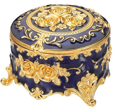 PATIKIL Cofanetto Gioielli Vintage in Metallo, Scatola Organizzatrice Trinket Rotonda per Gioielli Anelli Orecchini Collane, Tavolo da Toeletta, Donne Ragazze, Blu