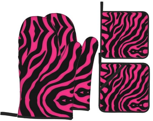 WZYWHJ Oven Mitts and Pot Holders Four-Piece Sets Oven Mitts Oven Gloves Pot Holders and Oven Mitts for Kitchen Baking Cooking Grilling Zebra Tiger Leopard Pink Printed