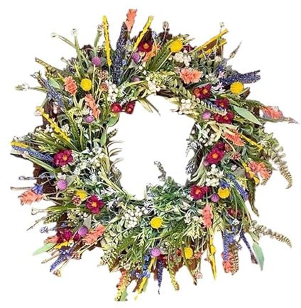 Corona de flores silvestres, corona de primavera y verano, simulación de puerta delantera, corona de flores secas, planta verde fresca, flor inmortal