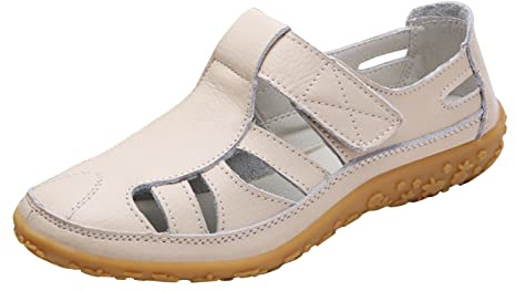 Sandaler med stängd tå för kvinnor platta lädersandaler sommarstrand, promenader, vandring och utomhus lättvikt-damsandaler med touch fäste halkskydd plattform strandsandaler dam slip-on sandaler,