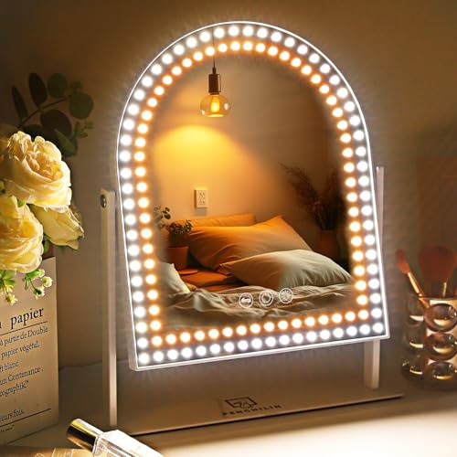 FENCHILIN Schminkspiegel mit Beleuchtung 25×30cm Hollywood Spiegel im Bogen mit Doppelte LED-Ringbeleuchtung 3 Lichtmodi 360° drehbar Schminkspiegel für Schlafzimmer Schminktisch