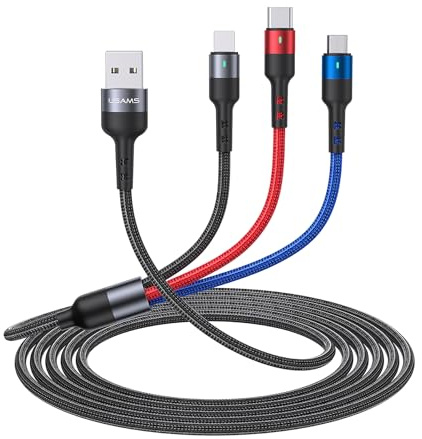 Pluggify Multi USB-kabel, 3 i 1 universell 3M multi USB-kabel flätad nylon laddningskabel med ip micro USB typ C multiladdarkabelkontakter för telefoner surfplattor