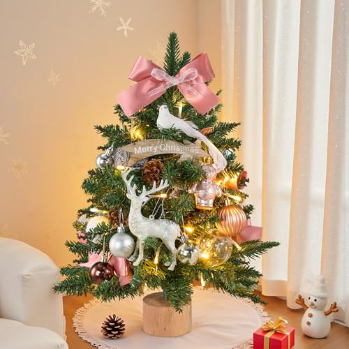 Warmiehomy 40CM Artificial Mini Christmas Tree Tabletop Pine Trees Potted Xmas Tree with Christmas Ball Pine Cone and Star for Christmas Home Office Table Decorations (Pink)
