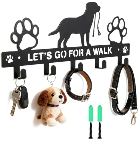 Hundegarderobe mit 5 Haken und LET'S GO FOR A WALK Aufschrift, Metall Schlüsselhalter und Leinenhalter Wand, Dekorativer Wandhaken für Hundeaccessoires, Kleiderhaken für Flur, Bad, Schlafzimmer, Küc