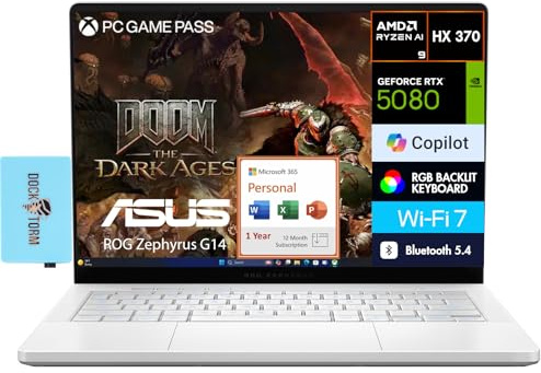 ASUS ROG Zephyrus G14 AI Gaming Laptop 14.0 2.8K (AMD Ryzen AI 9 HX 370, GeForce RTX 5080 16GB, 32GB LPDDR5X, 8TB PCIe SSD, Win 11 Home) w/MS 365 Personal, DKZ USB Port Expander