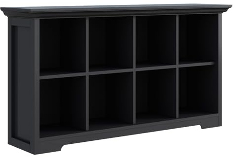 OSCHF Bücherregal mit 8 Fächern, 2-stöckigem Regal mit Sockel, Schwarz | Geschwungener Sockel, Kranzleiste, modernes Bücherregal für Wohnzimmer, Schlafzimmer, Homeoffice und TV-Stauraum
