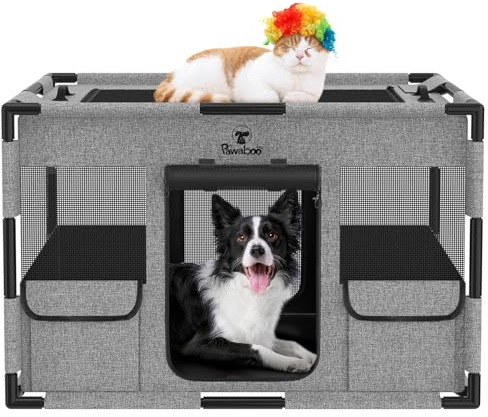 Pawaboo Hundegehege tragbar mit Dach und Tür, M, Grau/Schwarz | Aus wasserdichtem Oxford 600D-Gewebe mit atmungsaktivem Netz, Taschen und praktischer Tragetasche.