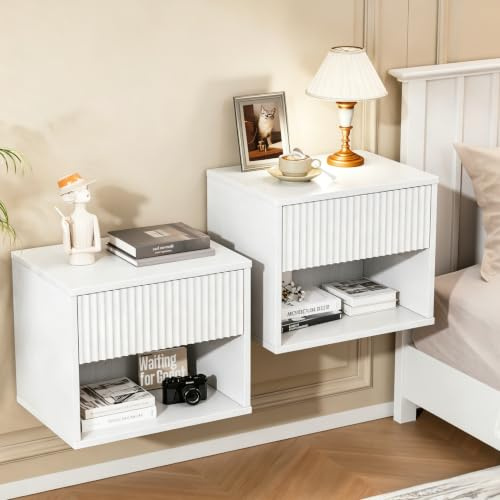 Bonnlo Table de Chevet Suspendue Lot de 2, Commode de Nuit Blanche avec 1 Tiroir et 1 Étagère, Table d'appoint Basse pour Chambre à Coucher, Salon, 40 x 30 x 33 cm