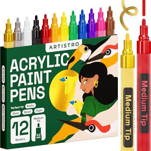 Artistro Acrylstifte, Acryl Stifte zum Bemalen von Steinen, Felsen, Keramik, Glas, Holz, Stoff, Leinwand, Porzellan, Metall, 12-er Set Acryl Marker Medium Spitze (2mm)