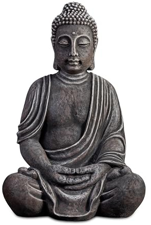 gartendekoparadies.de Buddha Statue in antiker Farbgebung, Steinfigur, H. 66 cm, 63 kg, Mehrfarbig, frostsicher aus Steinguss für Außenbereich