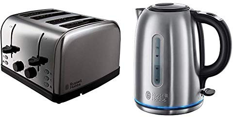 Russell Hobbs Futura 4-Slice Toaster 18790 - Stainless Steel Silver & Hobbs 20460 Buckingham Quiet Boil Kettle, 3000 W, 1.7 Litre, Brushed Stainless Steel Silver