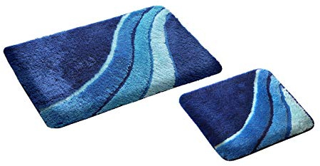 GOODWAY 2 Teiliges Badematten Set, Badteppich, Badvorleger Kiel blau | Mikrofaser, rutschhemmend, waschmaschinenfest