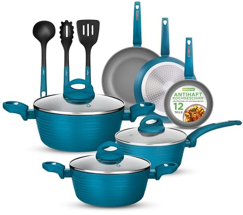 Nutrichef 12-Piece Nonstick Kitchen Cookware Set - PTFE/PFOA/PFOS-Free Heat Resistant Lacquer Kitchen Ware Pots Pan Set Light Gray/Green - Saucepot, Pans, Cooking Pot Oven Pot, Lid, Utensil NCCW12GR