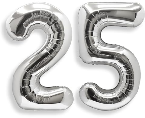 AULE Silver Number 25 Balloon 40 Inch Giant 0-60 Foil Large Balloons | Big Mylar 25 Number Balloon Helium Huge Jumbo for Happy 25th Birthday Party Anniversary Decorations Supplies