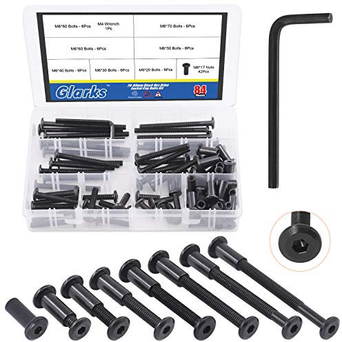 Glarks 85 pezzi M6 x 20/30/40/50/60/70/80 mm, kit di bulloni a bussola a testa esagonale per mobili, bulloni per culla con chiave a brugola per sedie e armadi da tavolo