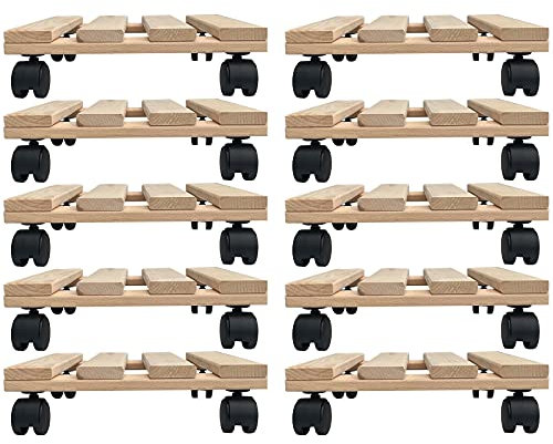 10x Pflanzroller eckig 30x30 cm aus Buchenholz | Tragkraft 120 kg | Rolluntersetzer für Blumentöpfe & Möbel | 4 Lenkrollen | stabil & massiv | für innen & außen
