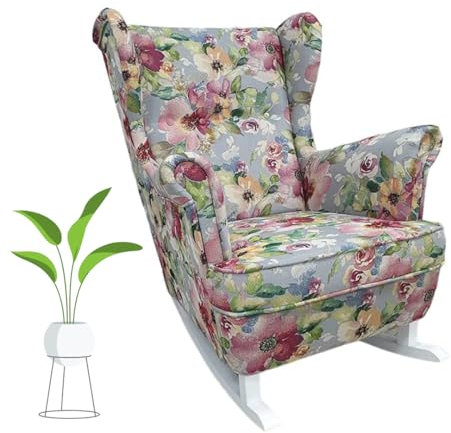MartHome Schaukelstuhl Wohnzimmer - Relaxsessel, Schwingsessel - Stillstuhl, Schaukelstuhl - Komfortable Sessel für Schwangere Frauen, Velour Schaukelsessel, Relaxstuhl (Blumen Grau)