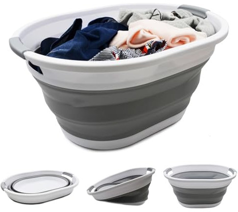 SAMMART 32L zusammenklappbarer Kunststoff-Wäschekorb – Faltbarer Pop-Up-Aufbewahrungsbehälter/Organizer – Tragbare Waschwanne – Platzsparender Wäschekorb/Korb, Wasserkapazität: 24L (1, Weiß/Grau)