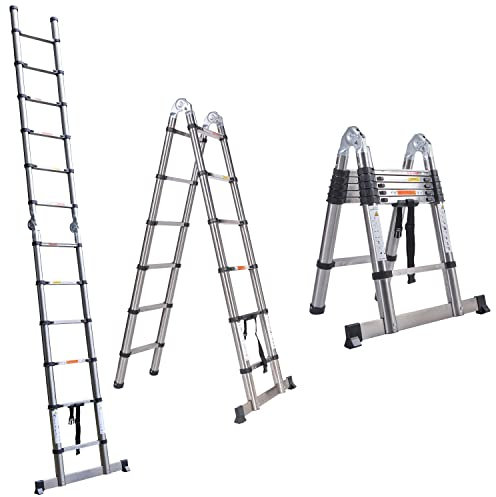 3.8M (1.9+1.9m) A-Frame Telescoping Ladder Folding Ladder Stainless Steel Extension Ladder Extendable Portable with Hinges Max 150kg Load Capacity with Non Slip Rubber Feet Compact and Sturdy, EN131