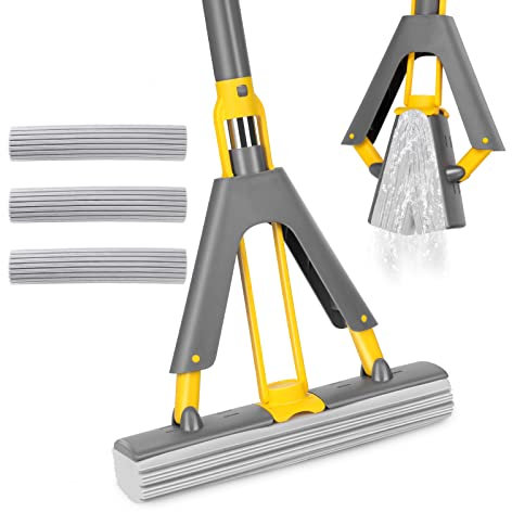 Myiosus Wischmopp mit Auswringfunktion, Schwamm Bodenwischer mit 3 Wiederverwendbar PVA Schwamm-Kopfe, Saugfähig Wischer, Schwammwischer mit 130cm Stiel, Sponge Mop für Fliesen Marmor Laminat Hartholz