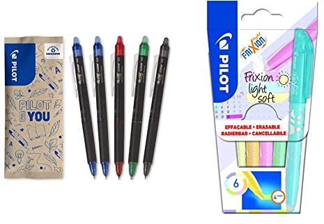 Pilot – 5er-Set Frixion Point Clicker – Tintenroller 0.5 mm mit löschbarer, thermosensitiver Tinte – 2 Blau, je 1 Schwarz, Rot, Grün & FriXion Light Soft, radierbarer Textmarker, 6er Set