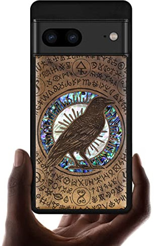Carveit Designer Wooden Case for Google Pixel 7 Case Protective Cover [Wood Engraving & Shell Inlay] Unique Wood Phone Case Compatible with Wireless Chargers Pixel 7 Case (Witchcraft Raven-Walnut)