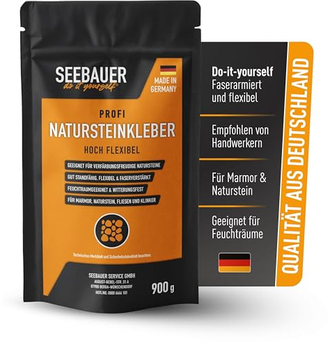 SEEBAUER diy® Marmor- und Natursteinkleber | Für Marmor, Naturstein und Kunststeinplatten| Weißer Natursteinmörtel | Für Heizestrich geeignet | Wiederverschließbar (900 g)
