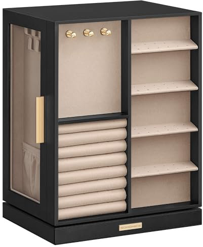 SONGMICS Schmuckkästchen 360° drehbar, Schmuckkasten 5 Schubladen, seitliche Glasfenster, geräumig, vertikale Schmuckaufbewahrung, offenes Design, Geschenkidee, weihnachten, graphitschwarz JBC170B01