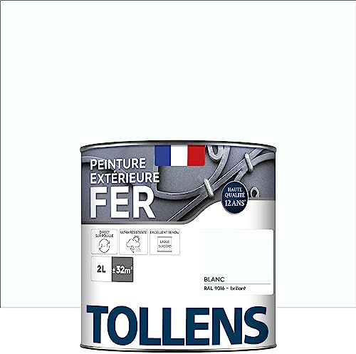 Tollens - Peinture extérieure fer 2 en 1 - Ultra Résistante - Protection antirouille - Laque Riche en Résine - Sans Sous-Couche - Entretien Facile - Brillant - Blanc - 2L = 32m2
