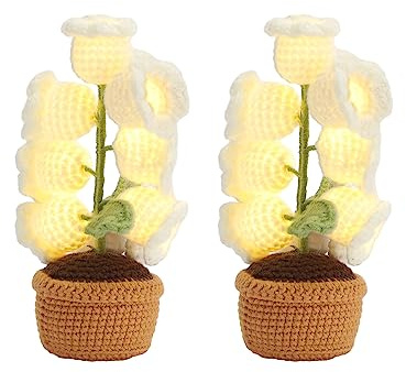 BEIJIALY 2PCS Crochet Lily Flower Night Lights, Crochet Artificial Flower Lamp Lily of Valley Lamp, Lámpara de Noche Lámpara de Mesa Adornos para Regalos Hogar Sala de Estar Decoración de(Blanco)