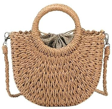 Strohtasche,Strandtasche Sommer-Stroh-Strandtasche, handgefertigt, rund, for Damen, Schultertaschen, Bast, Kreis, Rattan-Taschen, böhmische, lässige, gewebte Korb-Handtaschen ( Color : Khaki , Size :
