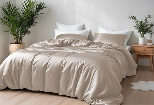 LINENWALAS Bamboo Bed Linen Set, Premium Bamboo Silk Duvet Cover Set with Pillowcase, 2-Piece Bedding Set, 155 x 220 cm Luxury, Soft, Cooling Quilt Cover (Taupe)