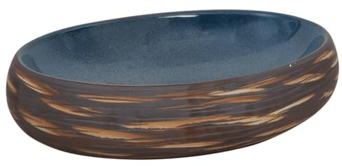vidaXL Vasque à Poser, Évier de Salle de Bain avec Trou de Vidange, Lavabo avec Motifs Toilette Salle d'eau, Marron et Bleu Ovale 59x40x15 cm Céramique