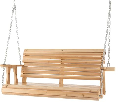 RELAX4LIFE 2-Seater Swing Chair, Solid Wood Garden Swing Bench with Adjustable Chains, Cup Holder, Armrest & Curved Knee Area, Outdoor Hanging Bench for Yard Garden