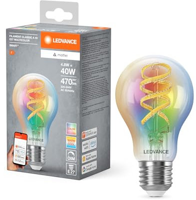 Ledvance SMART+ MATTER LED-Lampe, kompatibel mit Google, Alexa, Apple, Weißglas, 4,8W, 470lm, E27, Farblicht & Weißlicht, App- oder Sprachsteuerung, bis zu 15.000 Std. Lebensdauer, single pack