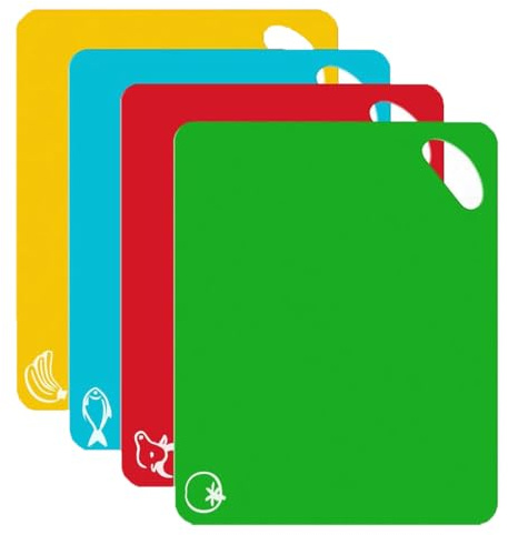 Juego de 4 tablas de cortar, multiusos, de colores, antideslizantes, fáciles de colgar, con iconos de alimentos de colores, multiusos, material apto para lavavajillas (4 colores)
