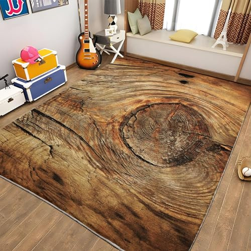 HATEGE Teppich Wohnzimmer 120 x 170 cm Waschbar Vintage-Holz, Outdoor Teppiche Kurzflor 3D Braun, Carpet Flauschig Vintage-Holz WS1721