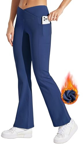 Willit Fleecefodrade dambyxor yoga crossover leggings bootcut termiska vinterbyxor utsvängda leggings vattentäta, marinblå, M