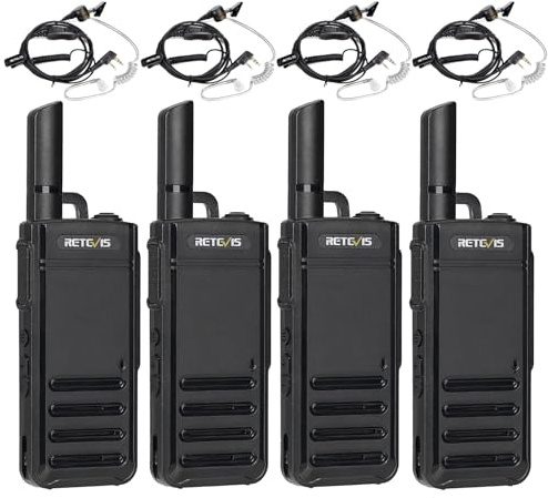 Retevis RB639 Walkie Talkie Portable, Professional 2 Way Radio with Earpieces, 1000mAh, USB-C, 17mm Ultra-Slim, Squelch, Emergency Alarm, VOX Walkie Talkie for Restaurant, Retail (4 Pcs, Black)
