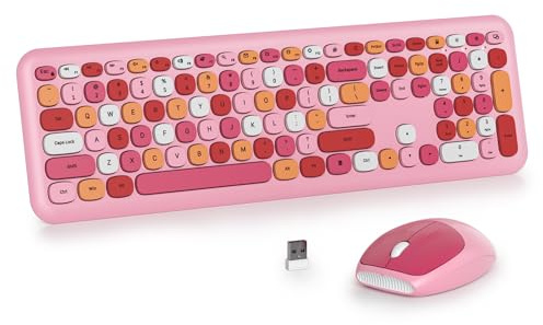 SOLIDEE Buntes kabellose Tastatur und Maus-Kombination,2.4GHz Retro Schreibmaschine,104 Tasten in voller mit Ziffernblock,Leise membran Tastatur(Amerikanisch QWERTY)(Pink)