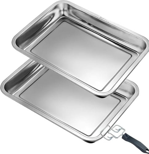 Bandeja de horno de acero inoxidable, molde rectangular para hornear, 2 bandejas para hornear, asar, servir, no tóxico, saludable y fácil de limpiar (40 x 30 x 2 cm)
