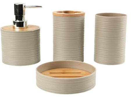 MERIGLARE 4 Piezas Dispensador de Jabón Juego de Baño Jabonera Portacepillos Vaso para Enjuague Bucal Material PP Adecuado para Uso Doméstico Hotel, Beige, Individual