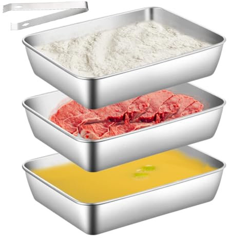 VOHESEA Juego de 3 cuencos para empanar con pinzas, 25 x 19 x 5 cm, acero inoxidable, apilables, para empanar pescado, carne, verduras