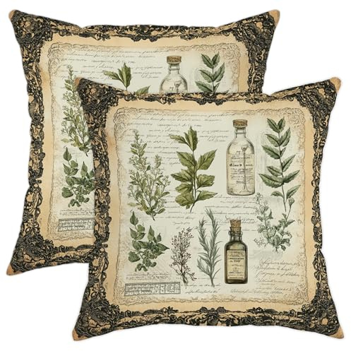 Herbal Pillow Covers Set of 2, Vintage Botanical Floral Print Cushions, Nature Themed Home Decor for Living Room Sofa Bed Couch 20x20 Inch