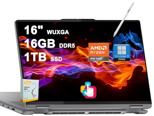 Lenovo Yoga 7 2-in-1 AI PC Laptop | 16 WUXGA Touch | AMD Zen4 8-core Ryzen 7 8840HS (>i7-12700H) | 16GB DDR5 1TB SSD | Backlit Fingerprint Long-Lasting Battery Rapid Charging Win11 w/DLCA Accessory