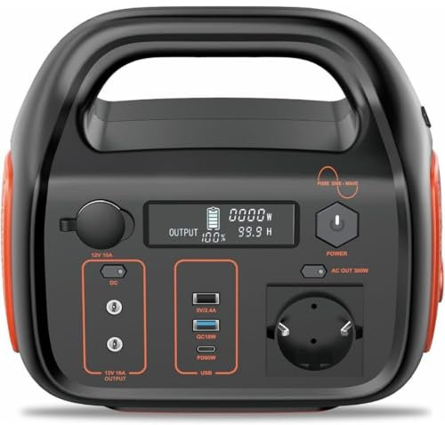 Tragbare Powerstation 296Wh 300W mit USB-C, AC/DC, 12V/24V Ausgang, Solarladung, LED-Licht, mobiler Akku für Camping, Outdoor, Notfälle, kompatibel mit Solarpanels